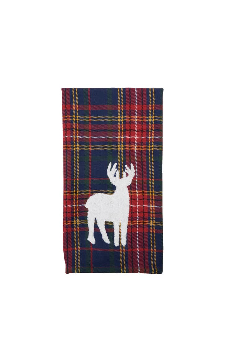 Blue Lennox Plaid Deer 100% Cotton Handwoven Christmas Dishtowel, Alternate, color, Red
