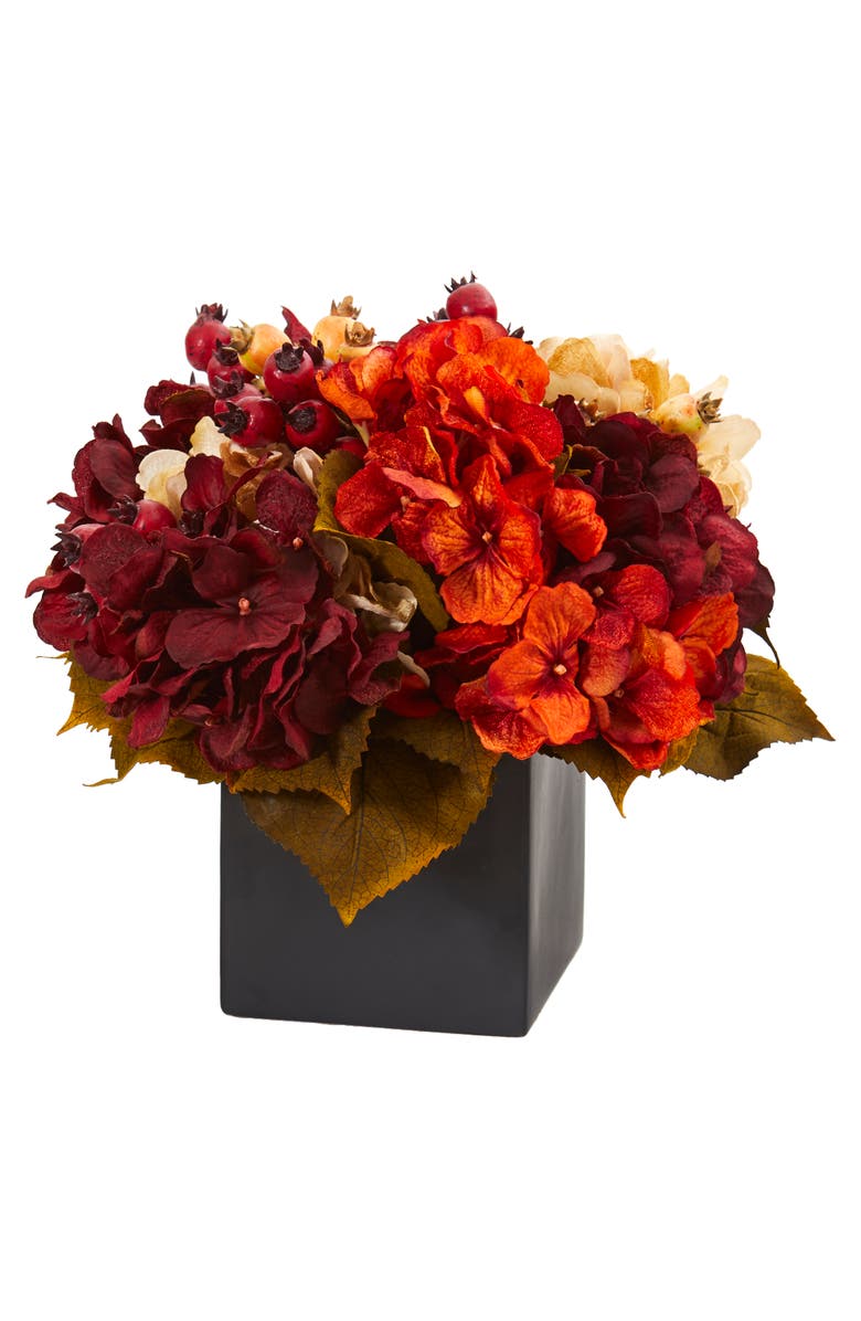 NEARLY NATURAL 12-in Autumn Hydrangea Berry Artificial Arrangement in Black Vase, Main, color, Burgundy