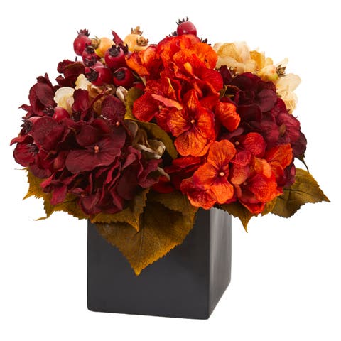 12-in Autumn Hydrangea Berry Artificial Arrangement in Black Vase