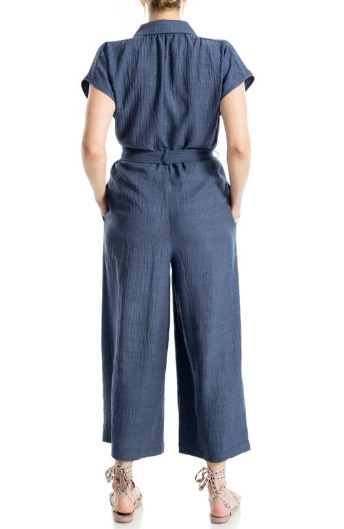 Max Studio Collared Short Sleeve Tie Waist Jumpsuit In Blue