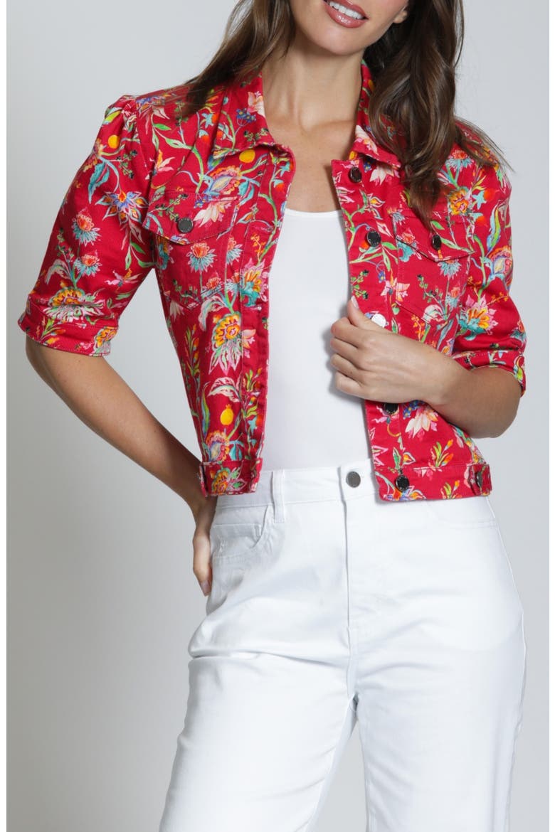 Floral Print Short Sleeve Denim Jacket, Main, color, RED MULTI