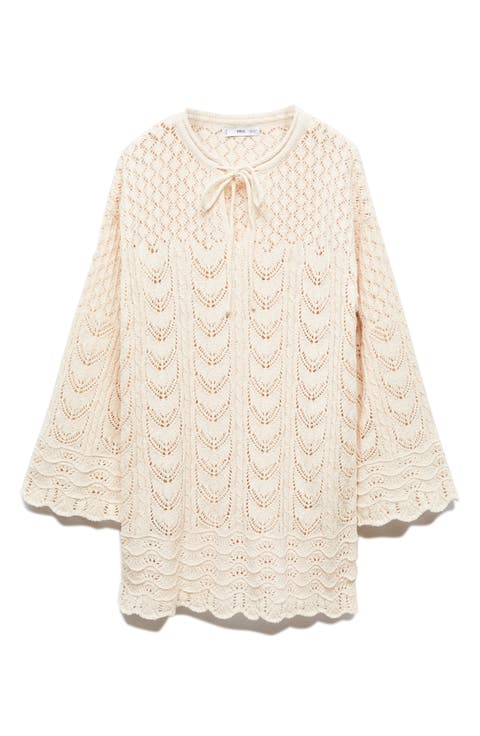 Open Stitch Belted Flare Long Sleeve Minidress