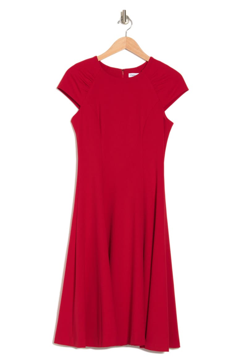 Rouche Cap Sleeve Midi Dress, Alternate, color, RED
