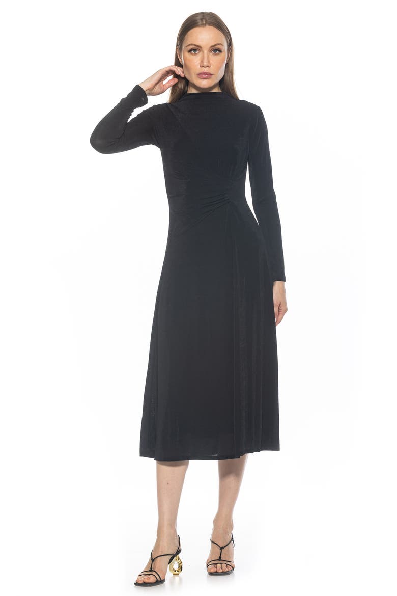Marla Long Sleeve Draped Midi Dress, Alternate, color, BLACK