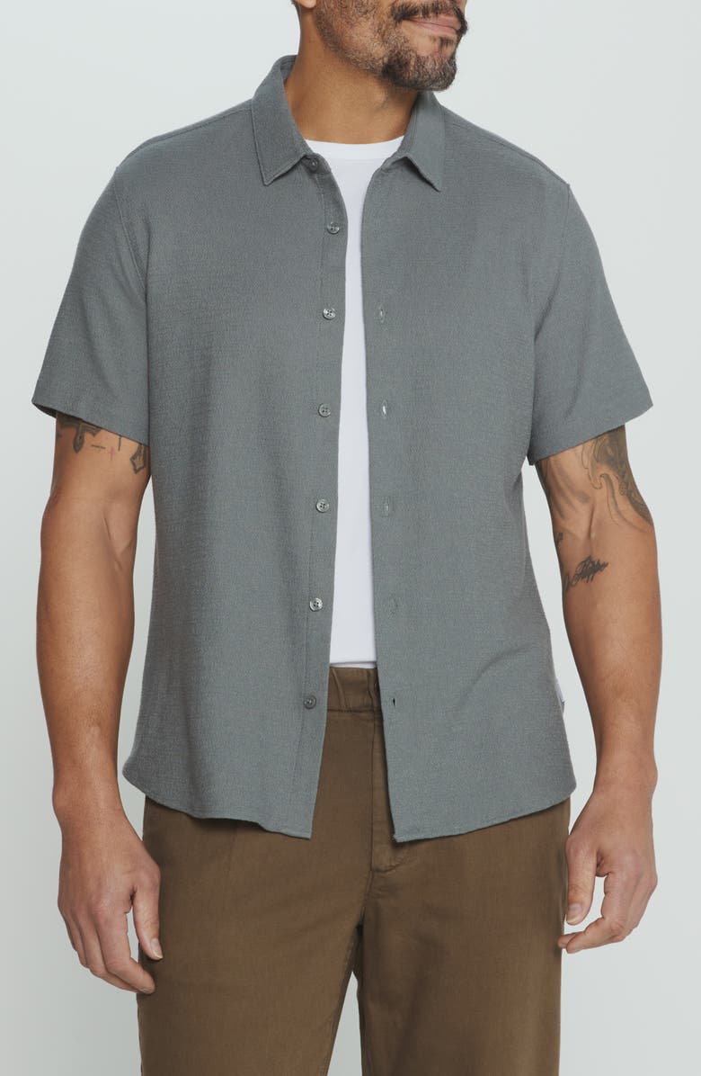 7 Diamonds The Rowan Solid Short Sleeve Textured Cotton Blend Button-Up Shirt, Main, color, Basil