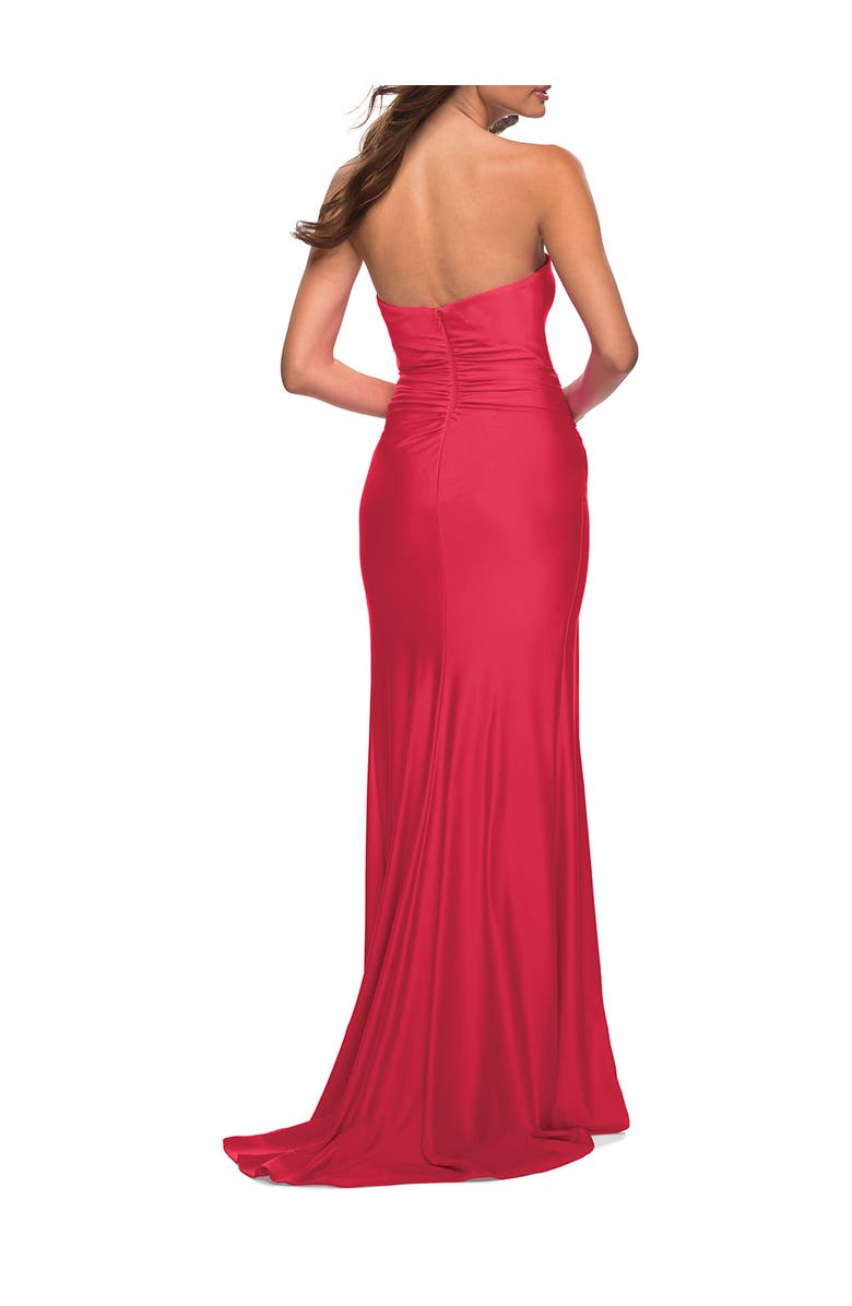 La Femme Neon Strapless Sweetheart Jersey Evening Dress, Alternate, color, Hot Coral