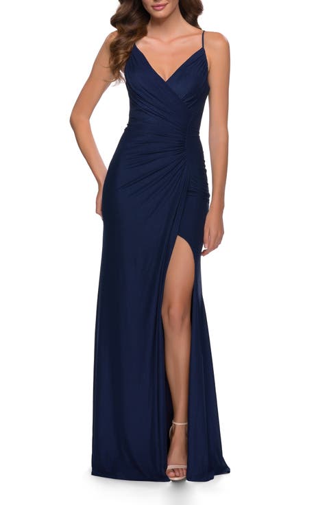 Net Jersey Prom Dress with Ruching Across Front