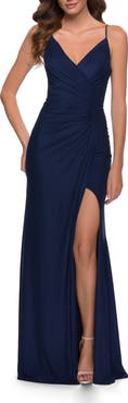 La Femme Net Jersey Prom Dress with Ruching Across Front