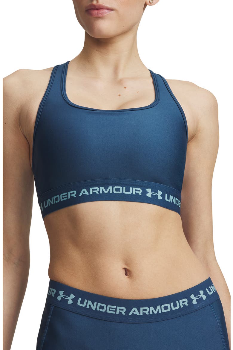 HeatGear® Mid Cross Back Sports Bra, Main, color, WHAM BLUE / / BLUE HAZE