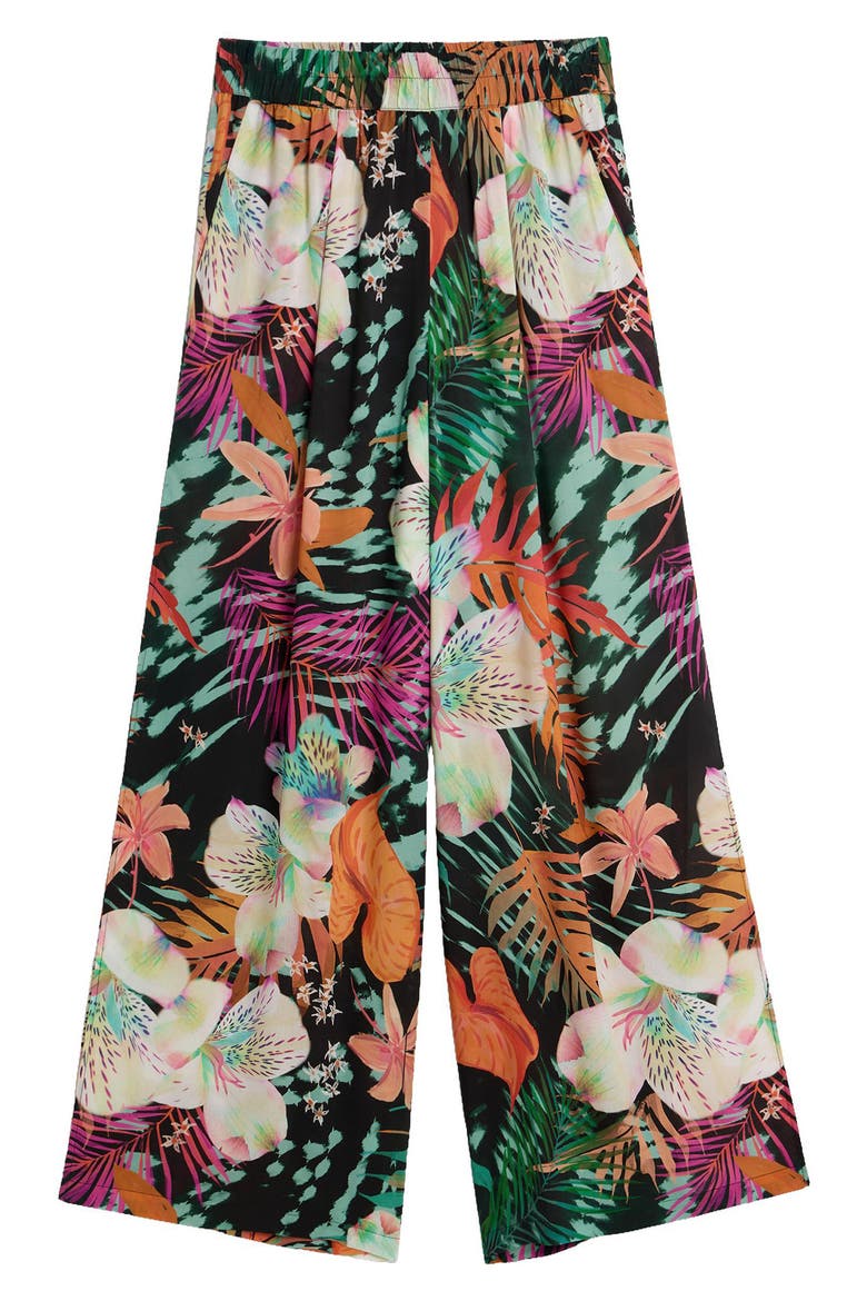 Tropical Print Wide Leg Trousers, Alternate, color, BLACK