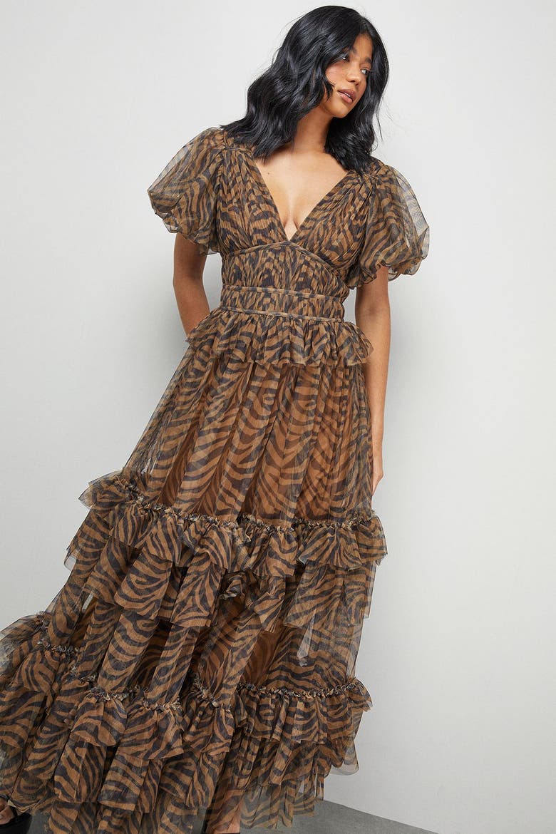 Zebra Print Tulle Ruffle Maxi Dress, Alternate, color, Animal