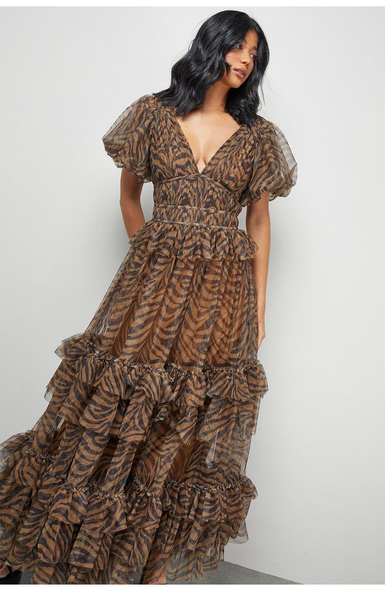 Warehouse Zebra Print Tulle Ruffle Maxi Dress, Alternate, color, Animal