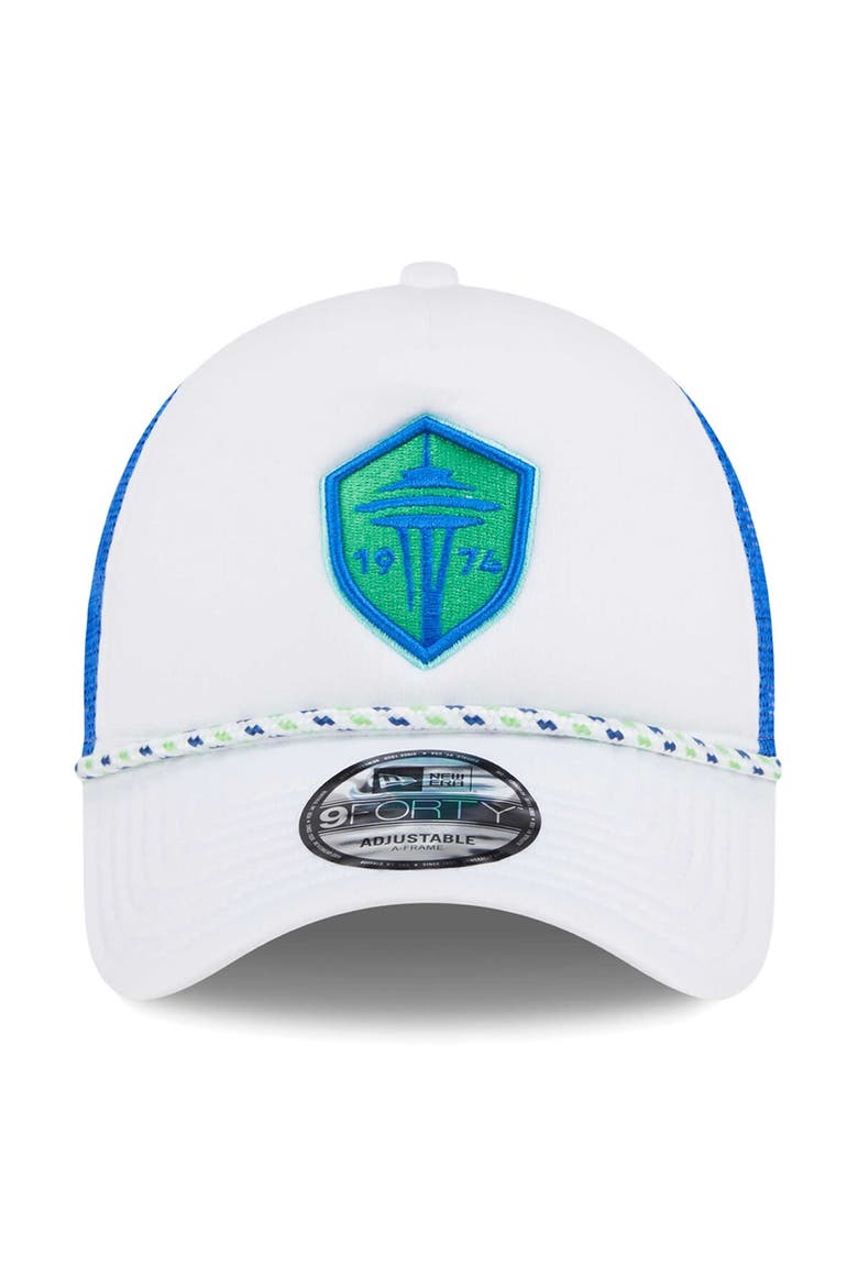 Men's New Era White/Blue Seattle Sounders FC Court Sport Foam A-Frame 9FORTY Adjustable Trucker Hat, Alternate, color, White