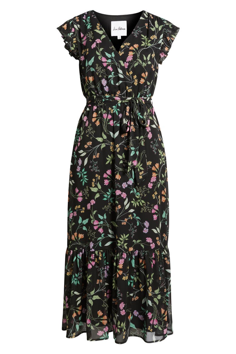 Floral Print Flutter Sleeve Maxi Dress, Alternate, color, BLACK MULTI
