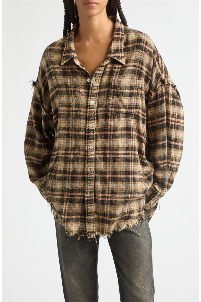 Shredded Seam Drop Neck Plaid Shirt, Main, color, BLACK KHAKI PLAID