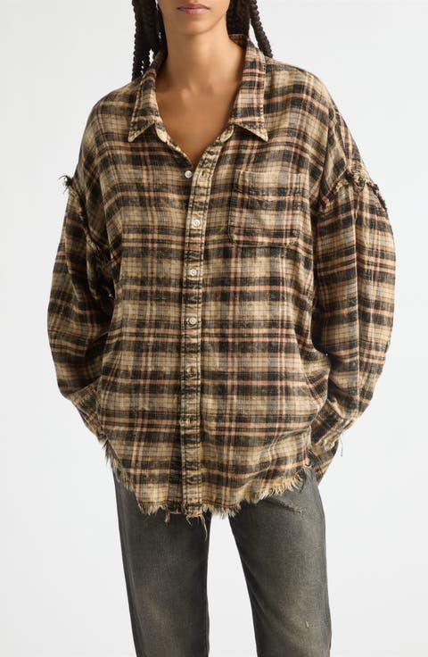 Shredded Seam Drop Neck Plaid Shirt
