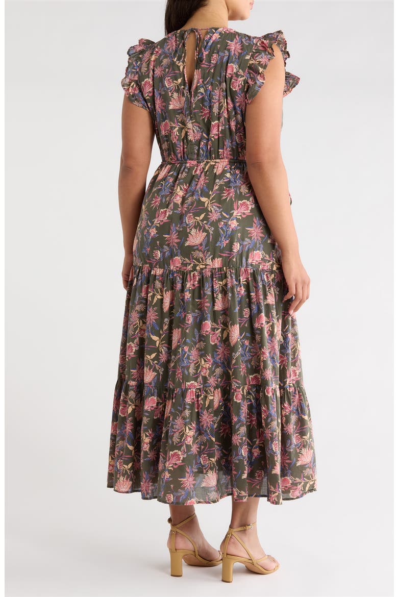 Floral Print Flutter Sleeve Maxi Dress, Alternate, color, OLIVE FROU FLORAL