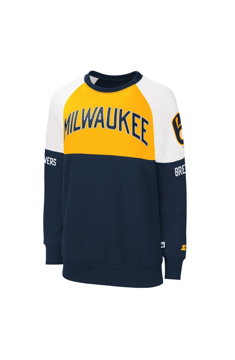 STARTER Women's Starter Navy/Gold Milwaukee Brewers Baseline Raglan Pullover Sweatshirt, Main, color, Navy