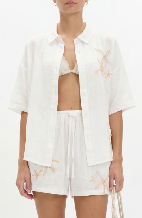 Embroidered Beach Button-Up Shirt