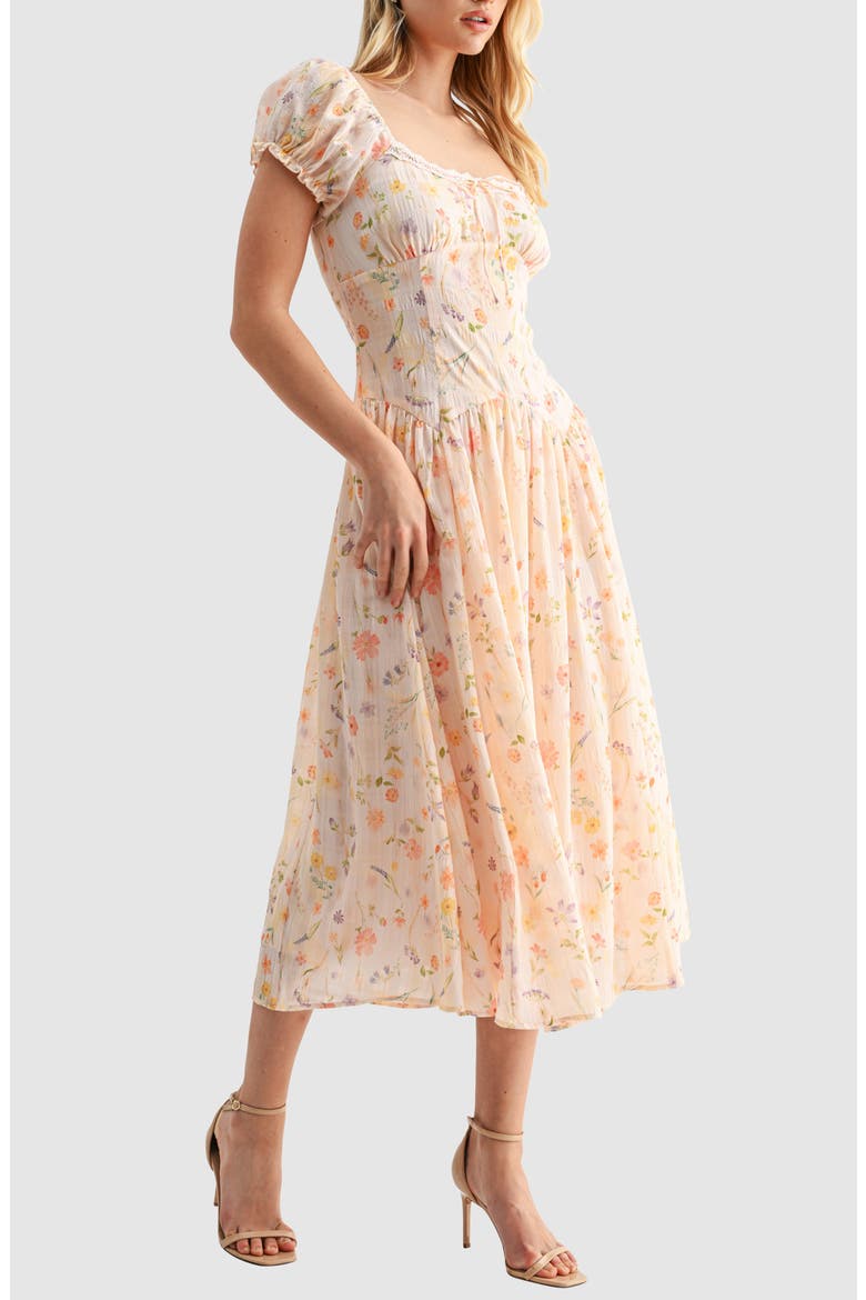 Floral Cap Sleeve Fit & Flare Midi Dress, Alternate, color, APRICOT FLORAL