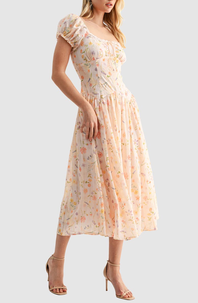 Lush Floral Cap Sleeve Fit & Flare Midi Dress, Alternate, color, Apricot Floral