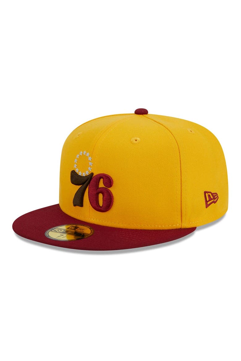 Men's New Era Yellow/Red Philadelphia 76ers Fall Leaves 2-Tone 59FIFTY Fitted Hat, Main, color, Yellow