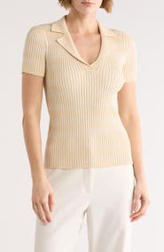 ELIE ELIE TAHARI Stripe Notch Collar Rib Sweater