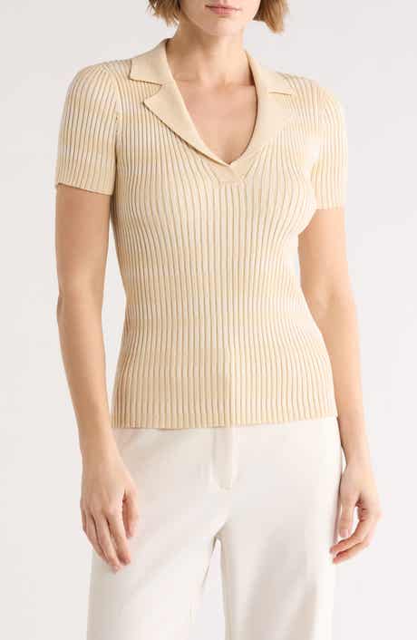 ELIE ELIE TAHARI Stripe Notch Collar Rib Sweater