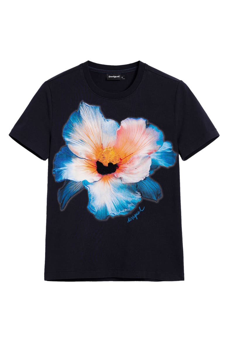 Embroidered Pansy Cotton Graphic T-Shirt, Alternate, color, NAVY BLUE