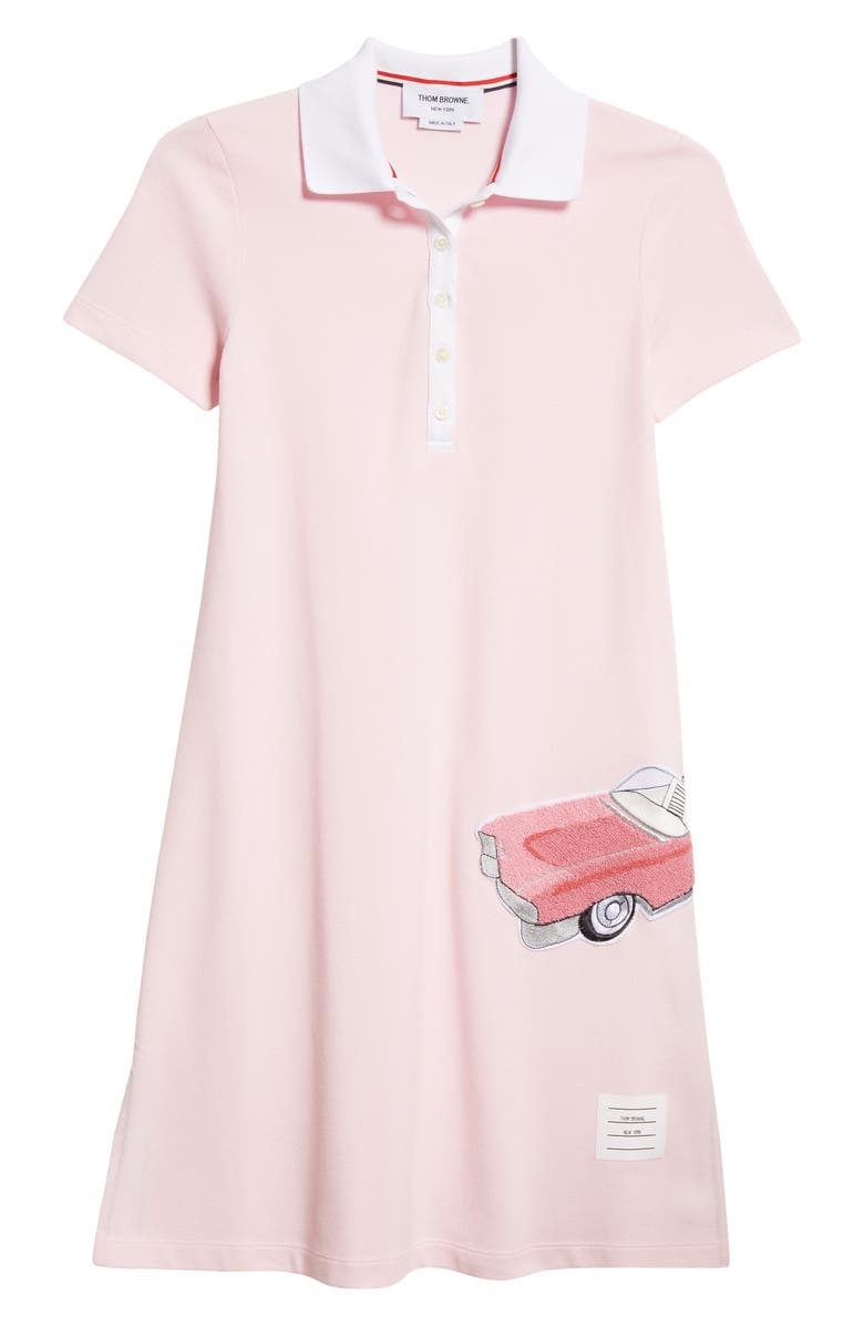 Thom Browne Car Bouclé Patch Embroidered Short Sleeve Silk Piqué Polo Dress, Alternate, color,