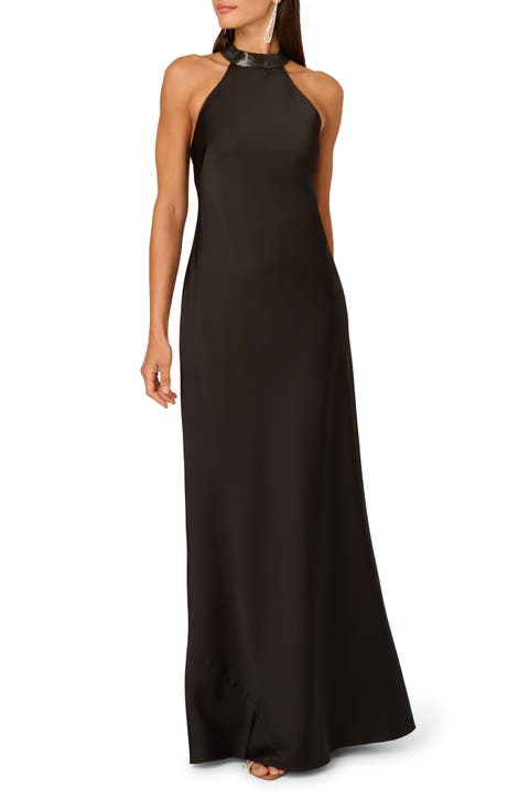 Embellished Mock Neck Stretch Satin Gown