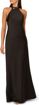 Adrianna Papell Embellished Mock Neck Stretch Satin Gown