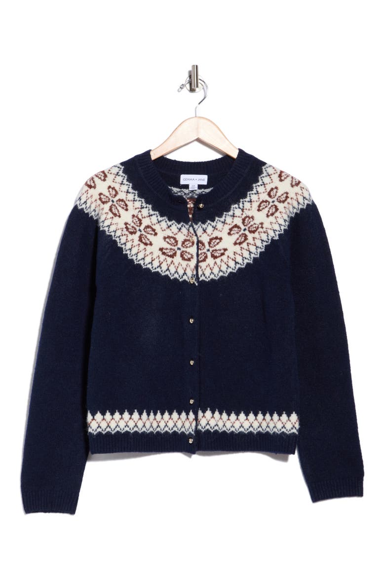 Fair Isle Button Front Cardigan, Alternate, color, PITCH NAVY