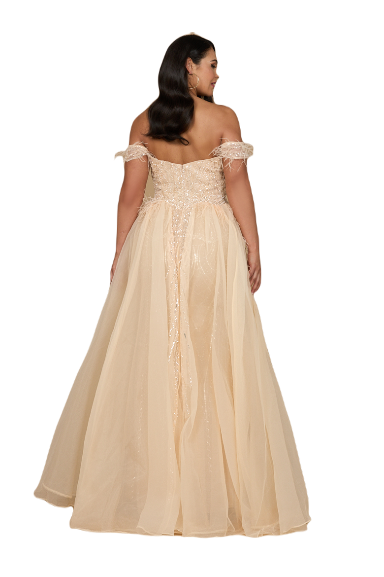 Off Shoulder Gown with Feathers, Alternate, color, Champagne