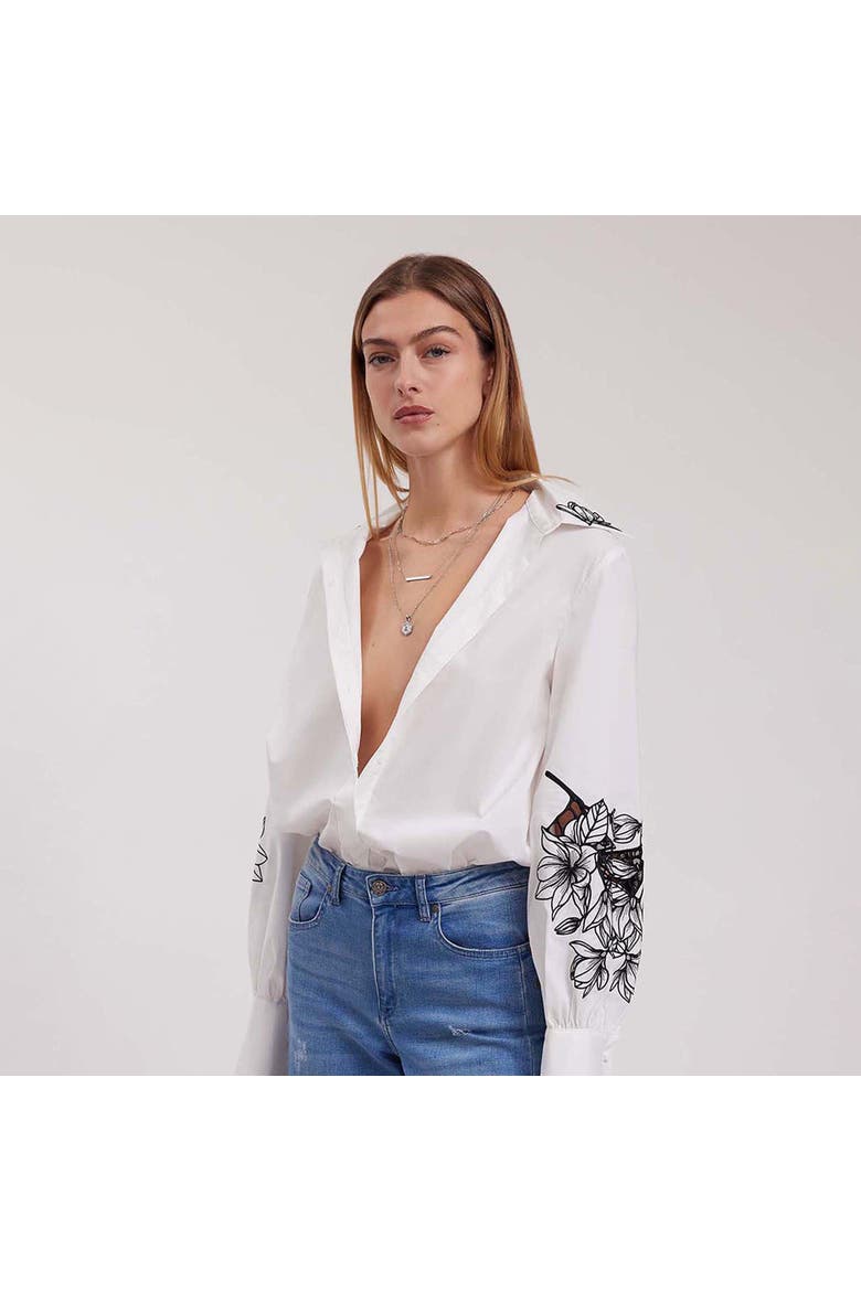 Women's Shirt  Leonie White Long Sleeve Cotton Poplin Shirt With Black Embroidered Flowers, Alternate, color, Black/White