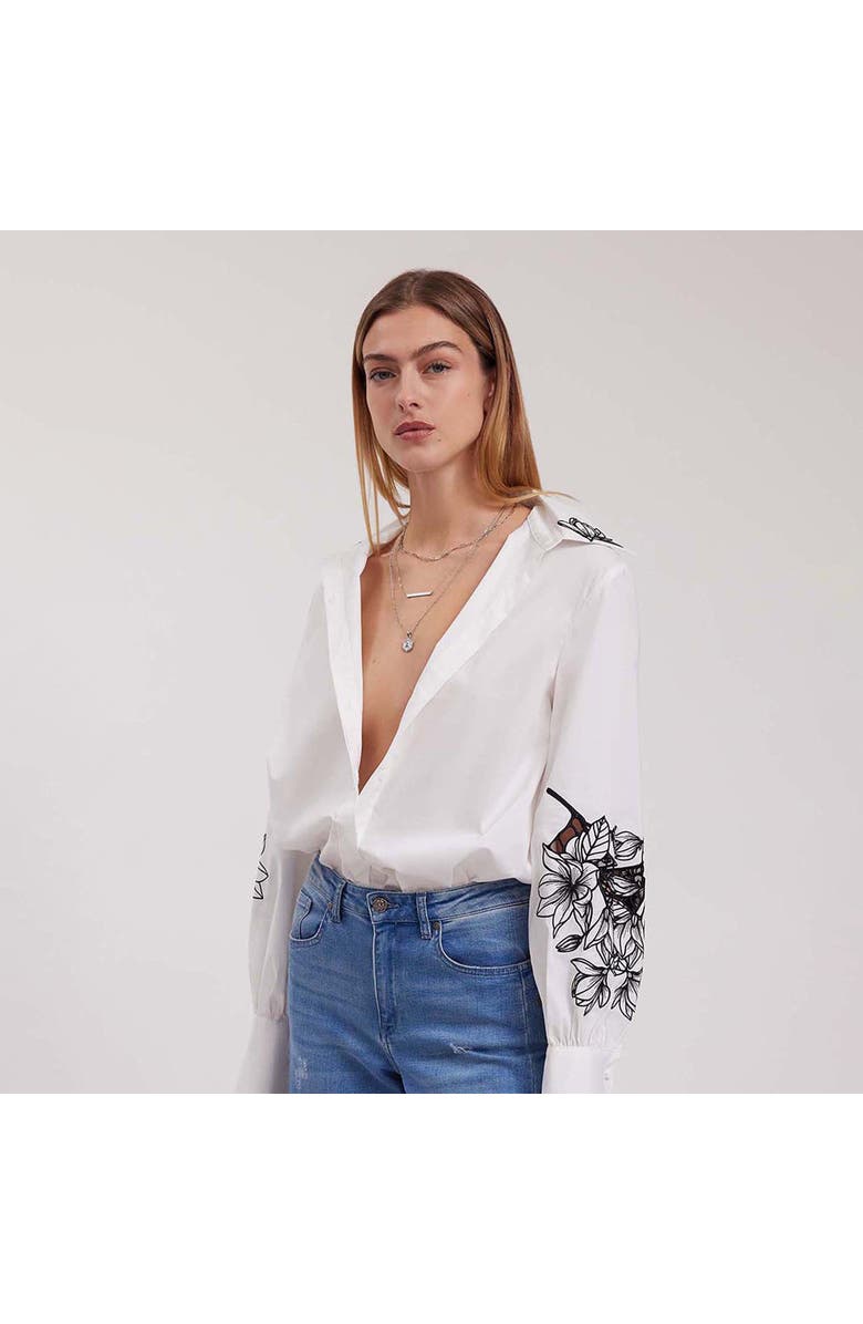Anne Fontaine Women's Shirt  Leonie White Long Sleeve Cotton Poplin Shirt With Black Embroidered Flowers, Alternate, color, Black/White
