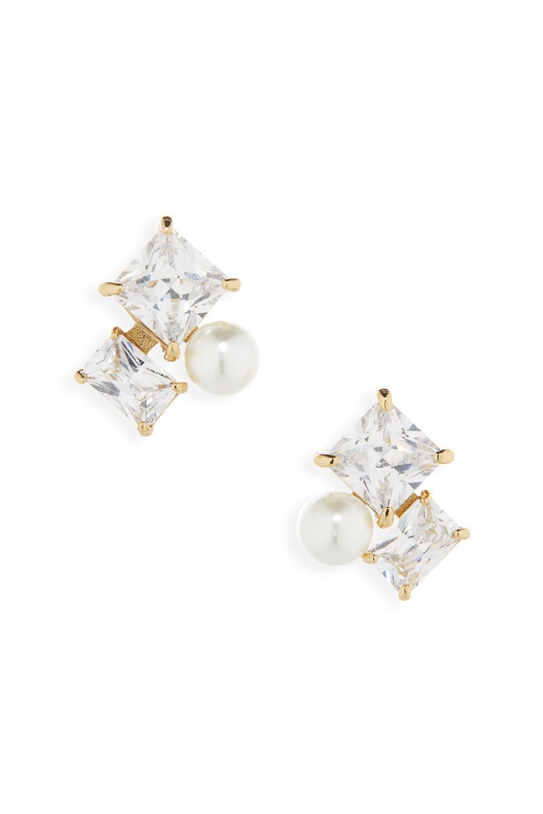 cubic zirconia & faux pearl cluster stud earrings, Alternate, color, CLEAR/ GOLD.