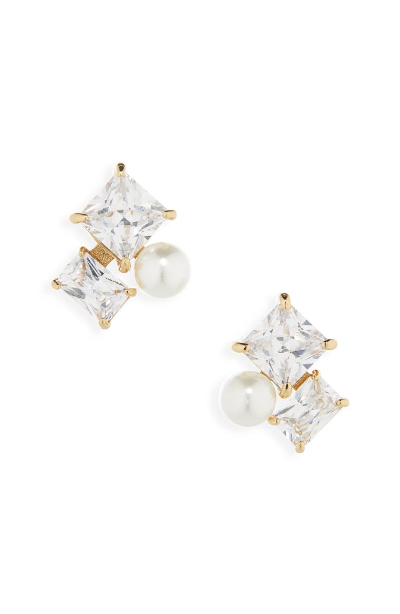 Kate Spade New York cubic zirconia & faux pearl cluster stud earrings, Alternate, color, Clear/ Gold.