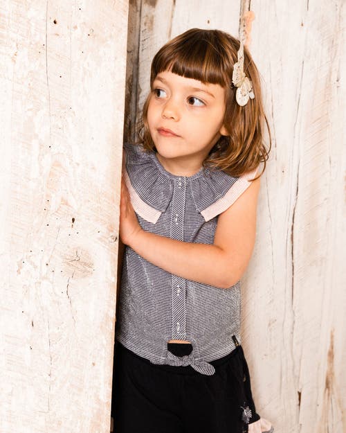 Deux Par Deux Little Girl's Crinkle Short With Frills Black And Butterflies In Black And Butterflies