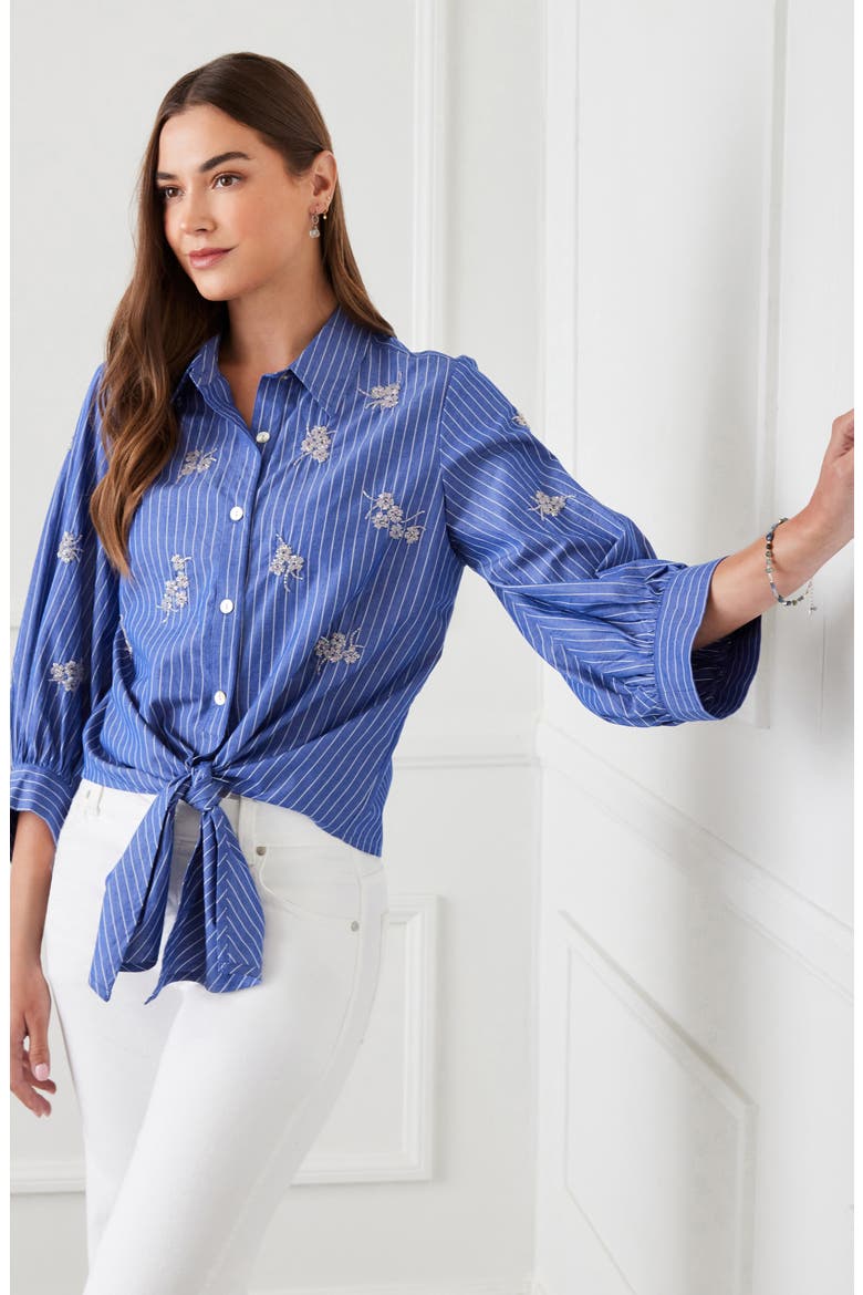 Tie Front Embellished Pinstripe Button-Up Shirt, Alternate, color, STRIPE