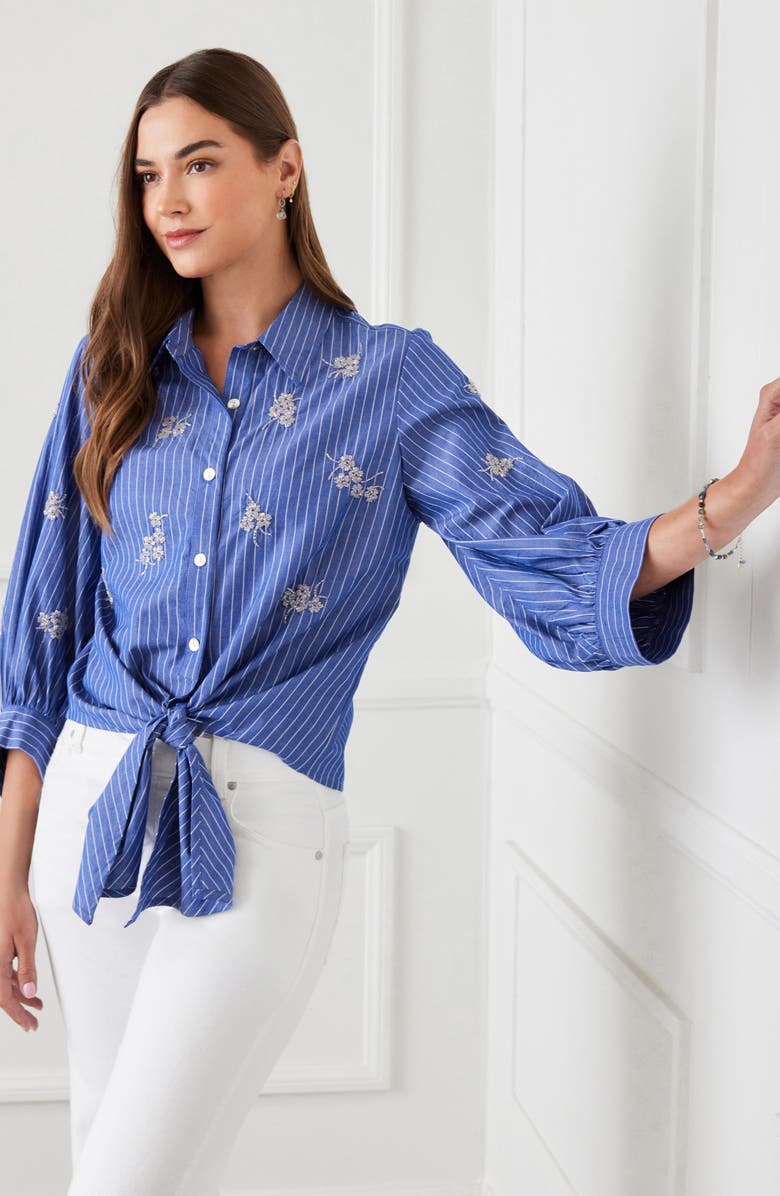 Karen Kane Tie Front Embellished Pinstripe Button-Up Shirt, Alternate, color, Stripe