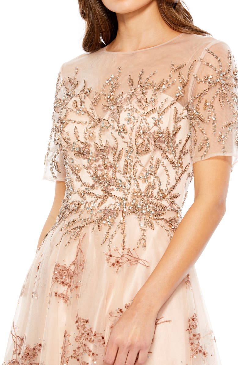 Mac Duggal Embellished Illusion Short Sleeve A Line Gown, Alternate, color, Champagne