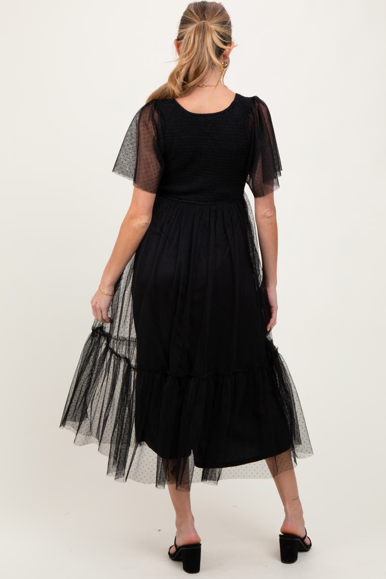 Dotted Tulle Smocked Maternity Midi Dress, Alternate, color, Black