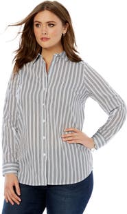 Roaman's Plus Size Kate Long Sleeve Easy Cotton-Blend Button-Front Shirt