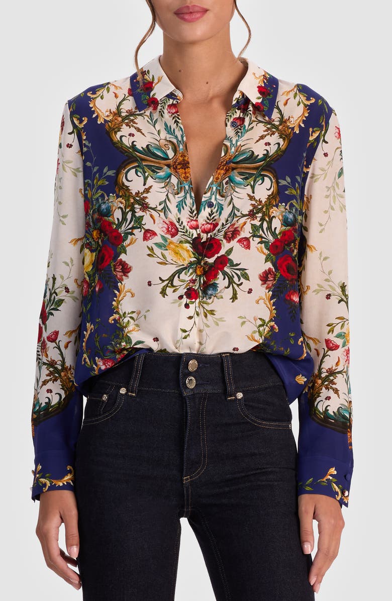 Alice + Olivia Willa Placed Floral Silk Top, Main, color, Gilded Rose