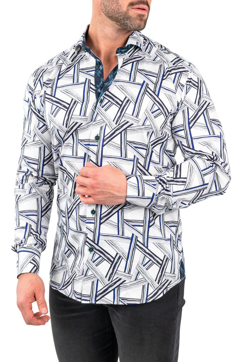 Einstein Bamboo Print Cotton Button-Up Shirt, Alternate, color, BLUE