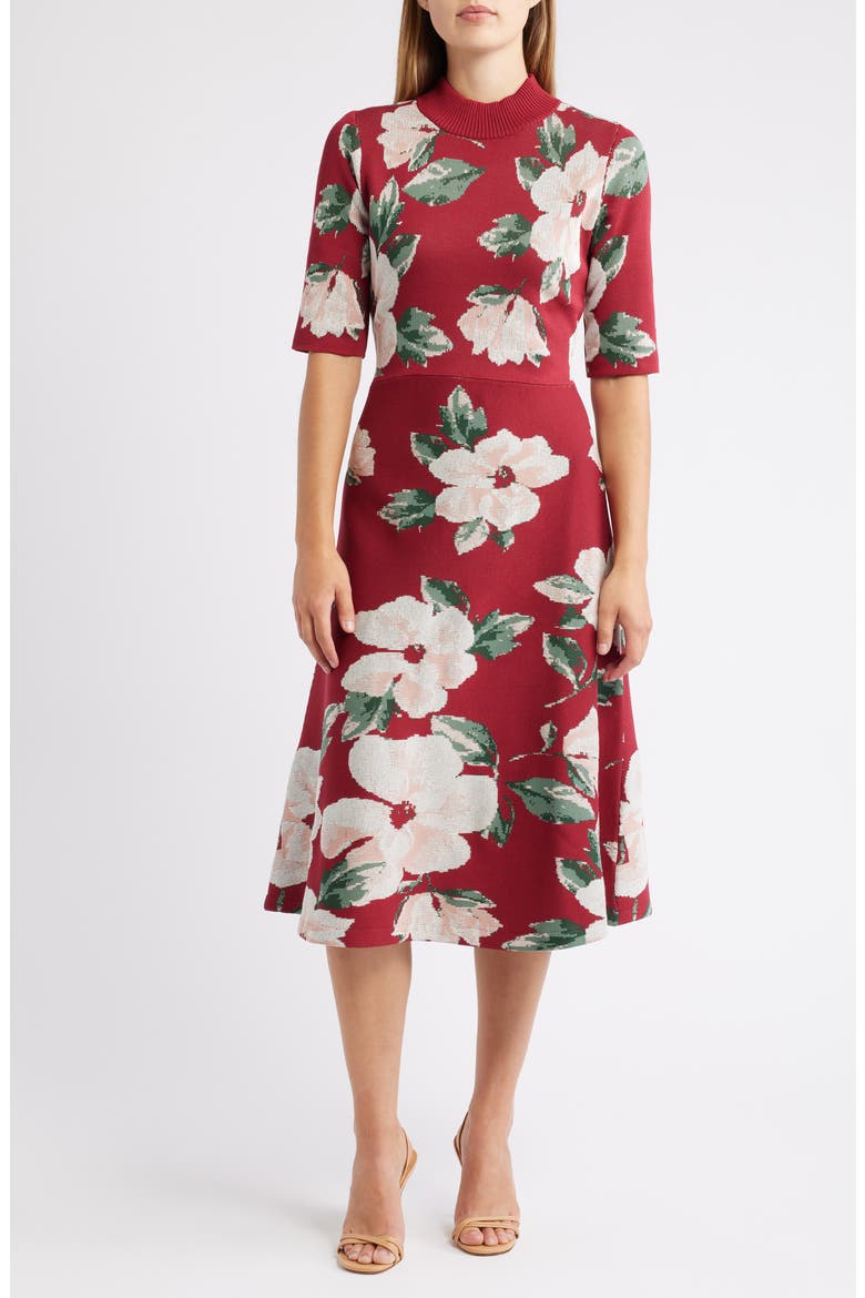 Floral Mock Neck Knit Dress, Main, color, WINE MULTI