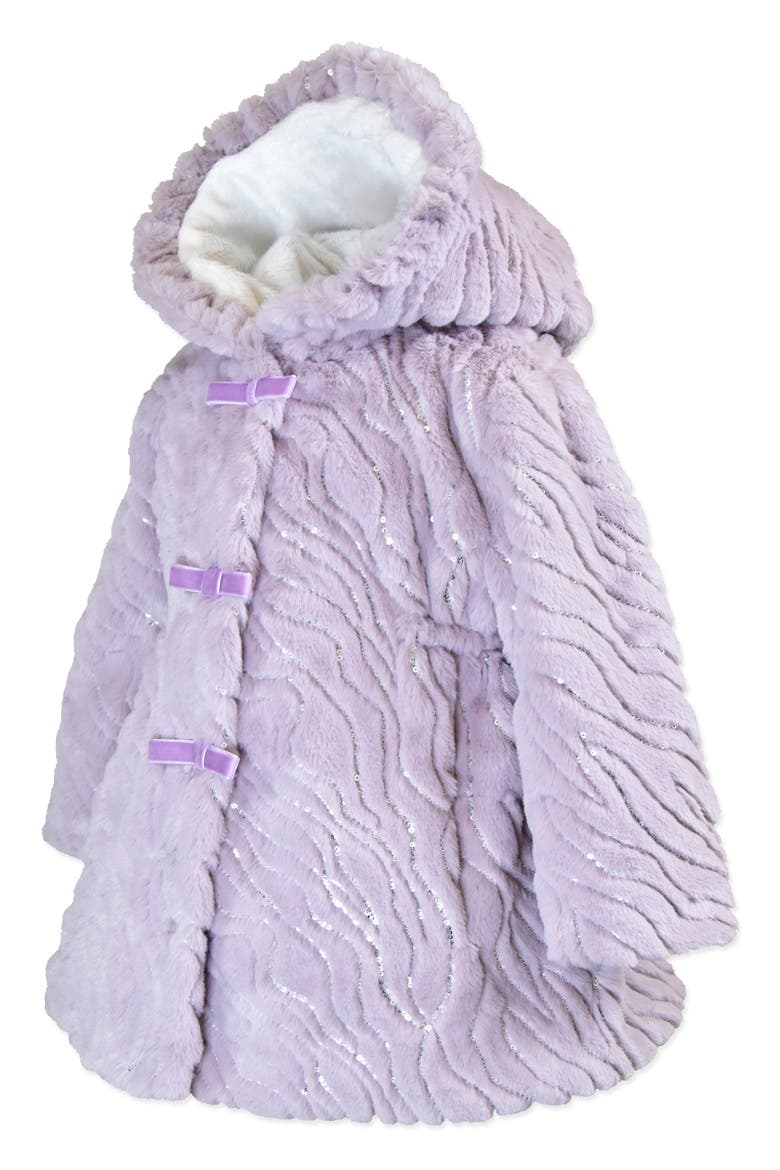 Faux Fur Ruffle Hooded Bow Coat, Alternate, color, PURPLE RAIN