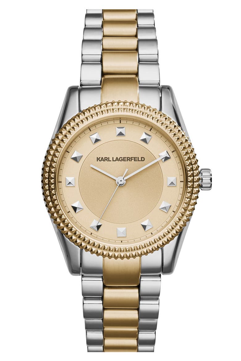 KARL LAGERFELD 'Petite Stud' Two-Tone Bracelet Watch, 34mm, Main, color, SILVER/ GOLD