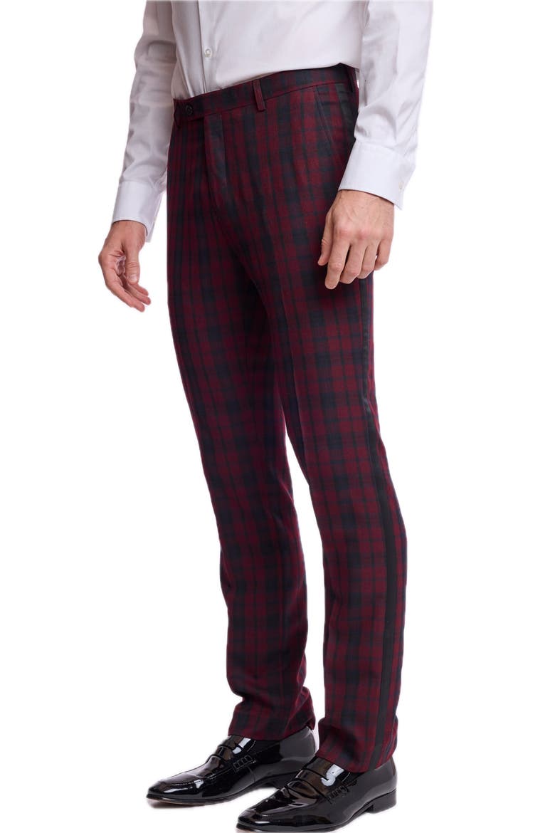 Sloane Slim Fit Plaid Tuxedo Pants, Alternate, color, BURGUNDY BLACK TARTAN